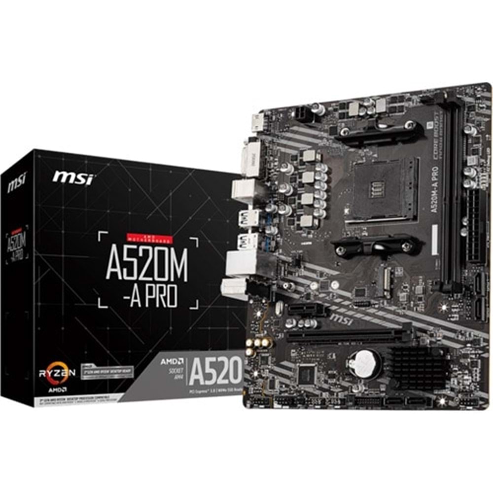 MSI A520M-A PRO DDR4 4600MHZ 1XHDMI 1XDVI 1XM.2 USB 3.2 MATX AM4 (AMD AM4 5000/4000 /3000 SERİSİ İLE UYUMLU)